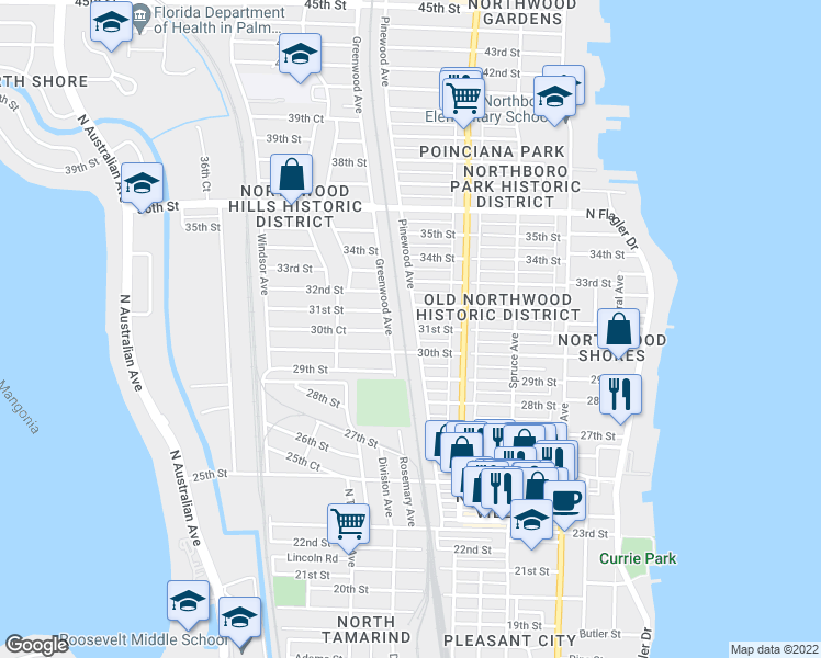 map of restaurants, bars, coffee shops, grocery stores, and more near 631 31st Street in West Palm Beach