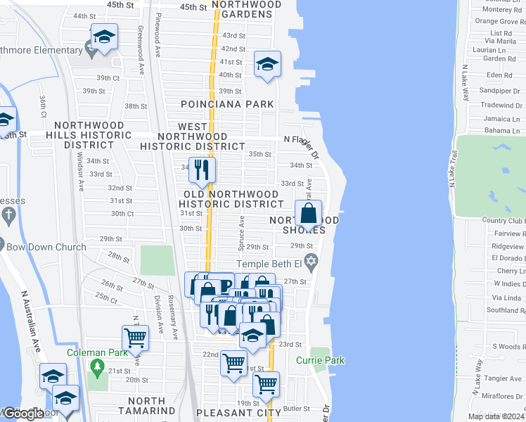 map of restaurants, bars, coffee shops, grocery stores, and more near 421 31st Street in West Palm Beach