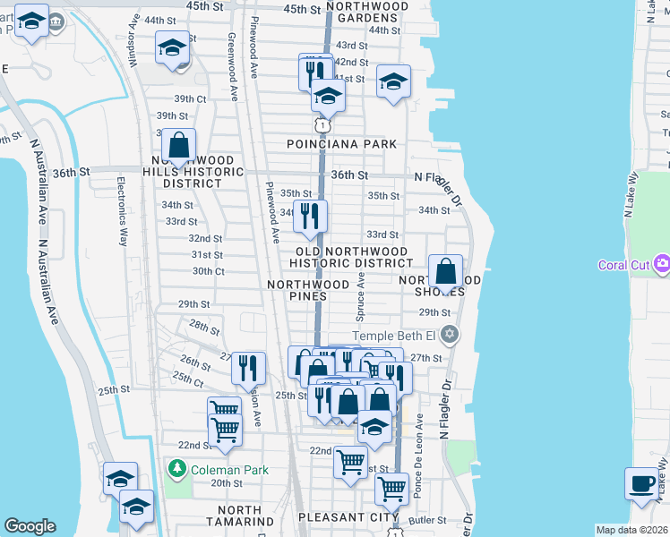map of restaurants, bars, coffee shops, grocery stores, and more near 3205 Broadway Avenue in West Palm Beach