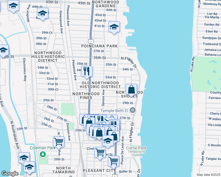 map of restaurants, bars, coffee shops, grocery stores, and more near 421 31st Street in West Palm Beach