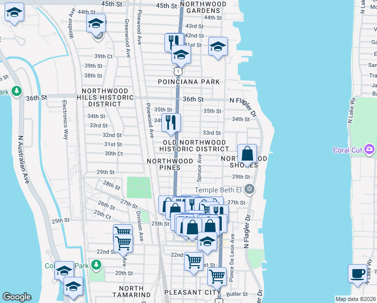 map of restaurants, bars, coffee shops, grocery stores, and more near 523 31st Street in West Palm Beach
