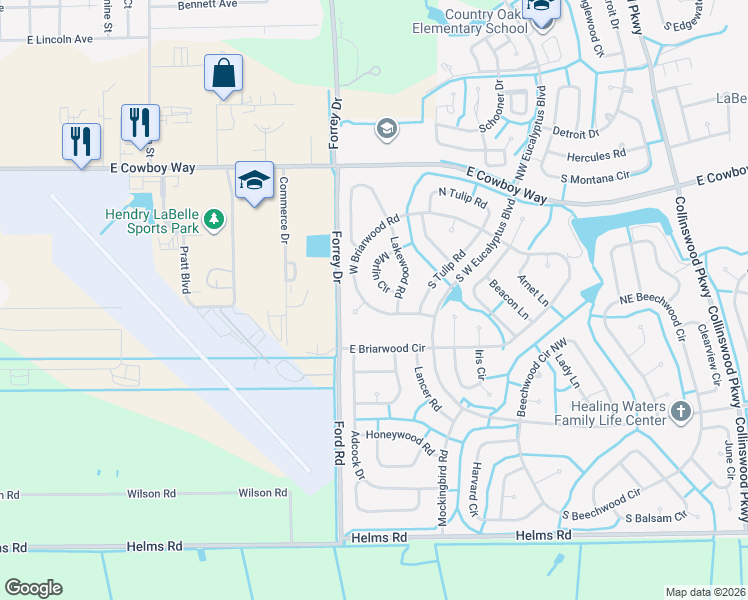 map of restaurants, bars, coffee shops, grocery stores, and more near 3050 West Briarwood Road in LaBelle