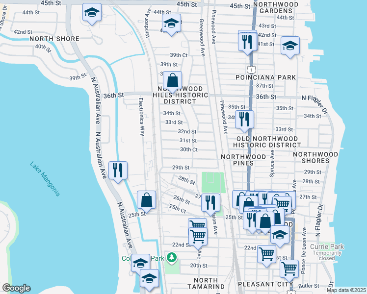 map of restaurants, bars, coffee shops, grocery stores, and more near 919 30th Court in West Palm Beach