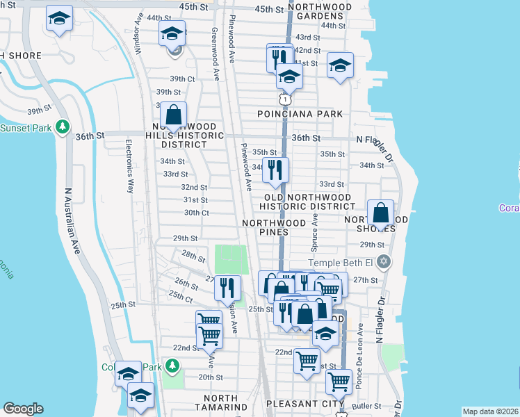 map of restaurants, bars, coffee shops, grocery stores, and more near 631 31st Street in West Palm Beach
