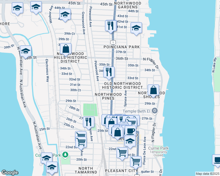 map of restaurants, bars, coffee shops, grocery stores, and more near 3205 Broadway Avenue in West Palm Beach