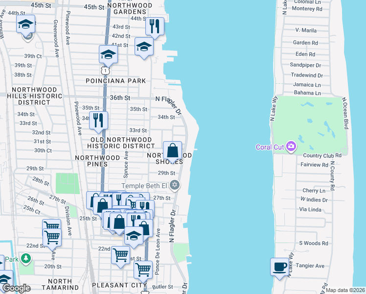 map of restaurants, bars, coffee shops, grocery stores, and more near 3216 North Flagler Drive in West Palm Beach
