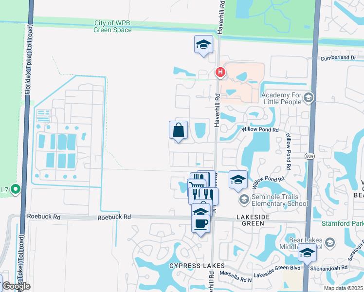 map of restaurants, bars, coffee shops, grocery stores, and more near 5150 Foxhall Dr S in West Palm Beach