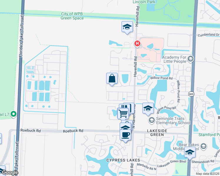 map of restaurants, bars, coffee shops, grocery stores, and more near 5190 Foxhall Drive South in West Palm Beach