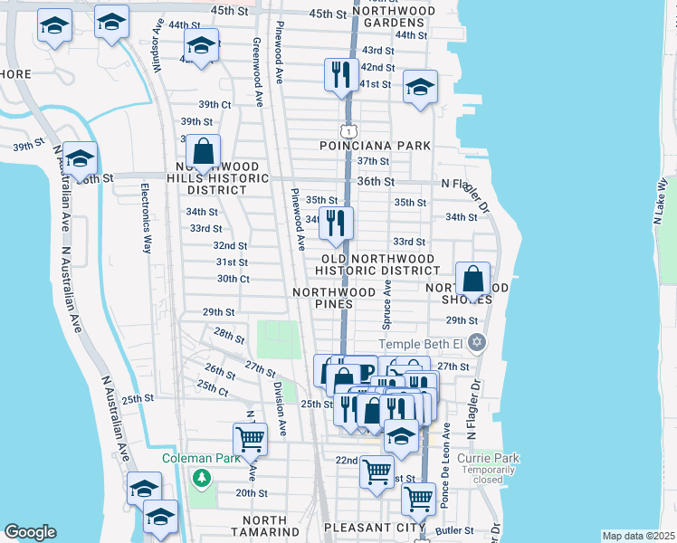 map of restaurants, bars, coffee shops, grocery stores, and more near 3205 Broadway Avenue in West Palm Beach