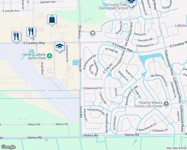 map of restaurants, bars, coffee shops, grocery stores, and more near 3050 West Briarwood Road in LaBelle