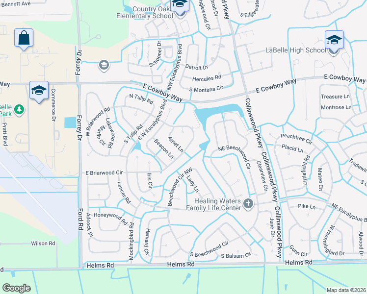map of restaurants, bars, coffee shops, grocery stores, and more near 3016 Arnet Lane in LaBelle