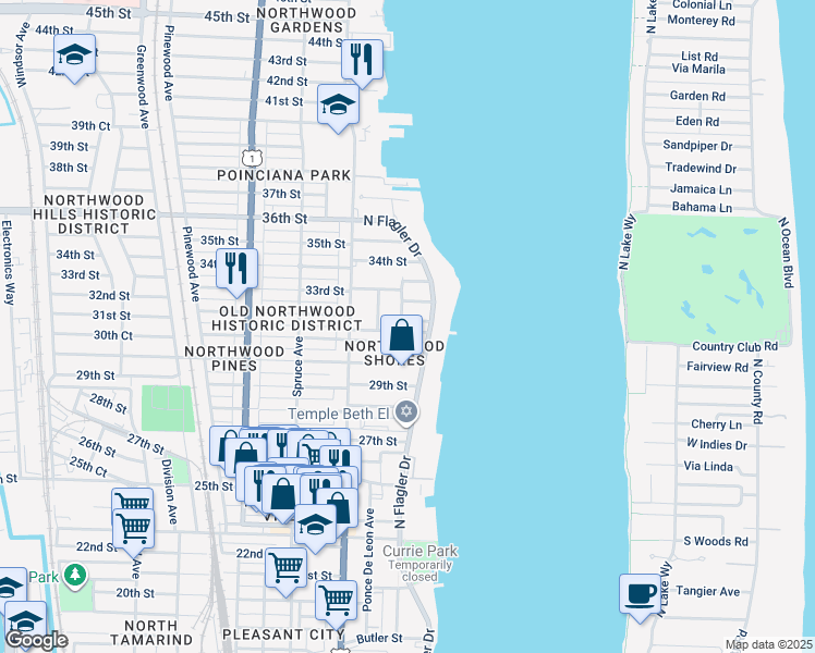 map of restaurants, bars, coffee shops, grocery stores, and more near 224 32nd Street in West Palm Beach