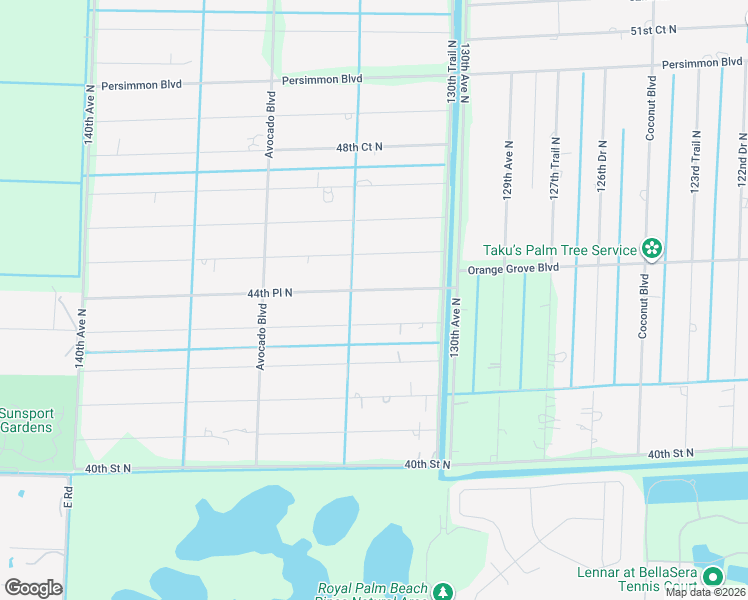 map of restaurants, bars, coffee shops, grocery stores, and more near 13174 44th Place North in Royal Palm Beach