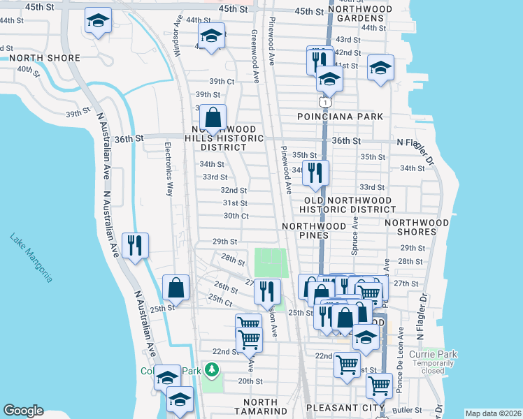 map of restaurants, bars, coffee shops, grocery stores, and more near 831 30th Court in West Palm Beach