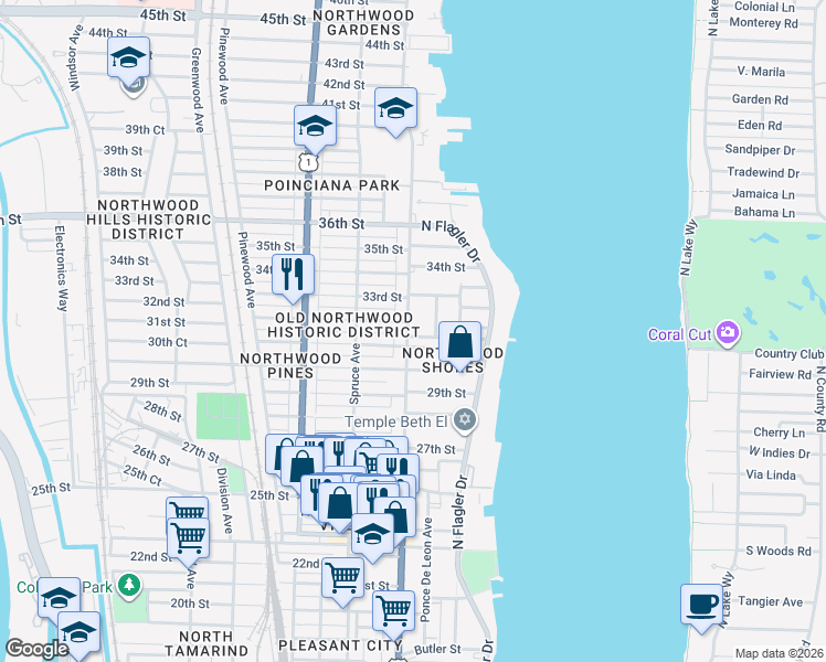 map of restaurants, bars, coffee shops, grocery stores, and more near 383 31st Court in West Palm Beach
