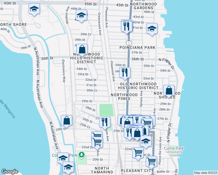 map of restaurants, bars, coffee shops, grocery stores, and more near 3210 Greenwood Avenue in West Palm Beach