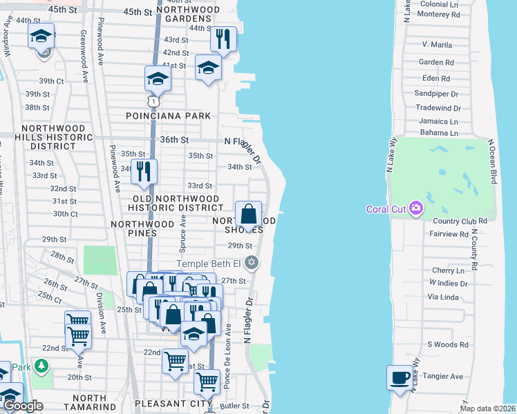 map of restaurants, bars, coffee shops, grocery stores, and more near 224 32nd Street in West Palm Beach
