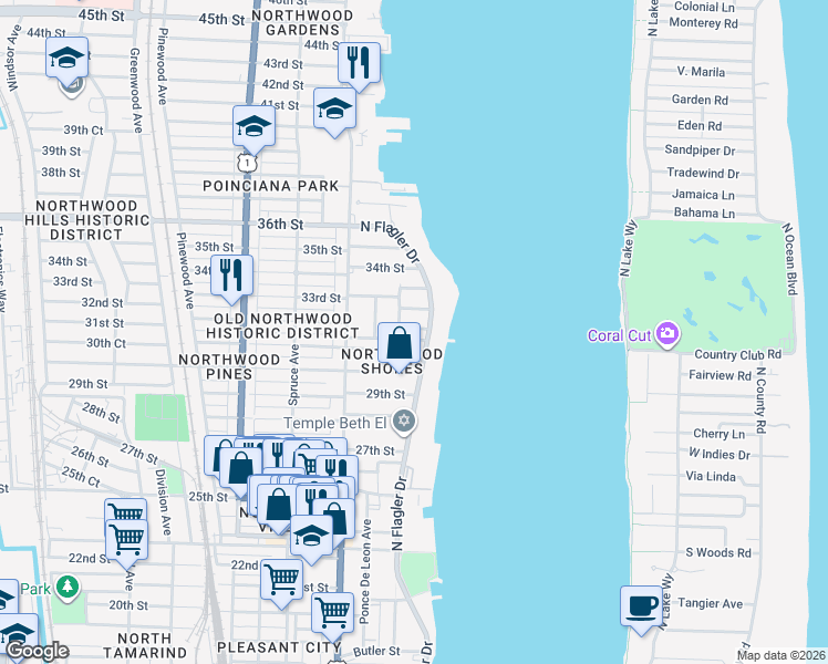 map of restaurants, bars, coffee shops, grocery stores, and more near 224 32nd Street in West Palm Beach