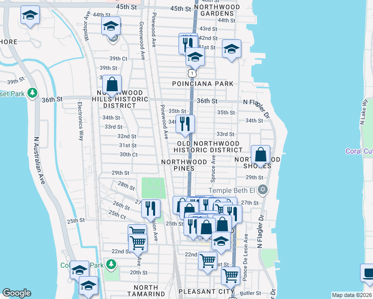 map of restaurants, bars, coffee shops, grocery stores, and more near 3205 Broadway Avenue in West Palm Beach