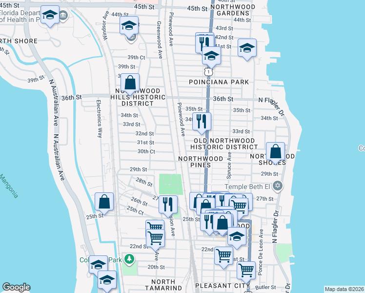 map of restaurants, bars, coffee shops, grocery stores, and more near 3210 Greenwood Avenue in West Palm Beach