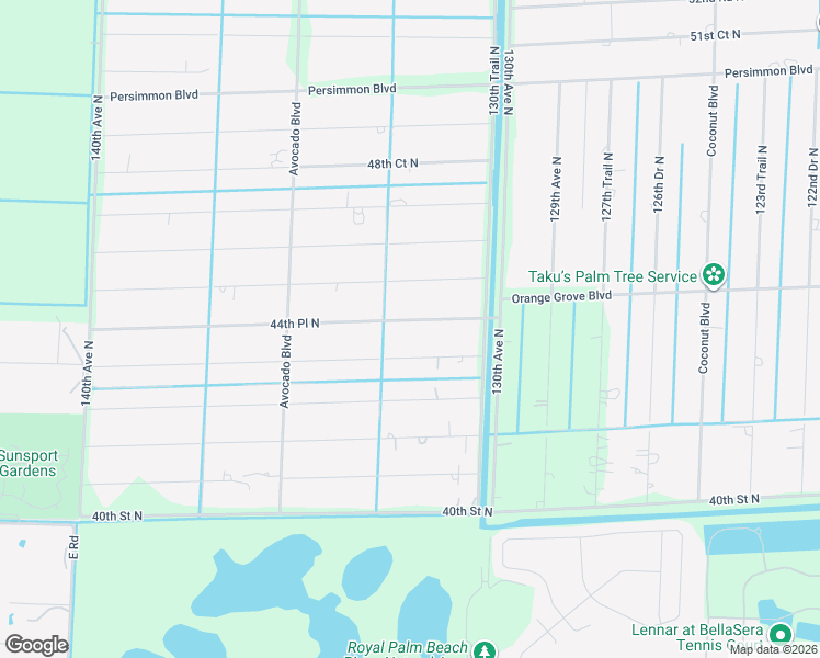 map of restaurants, bars, coffee shops, grocery stores, and more near 13174 44th Place North in Royal Palm Beach