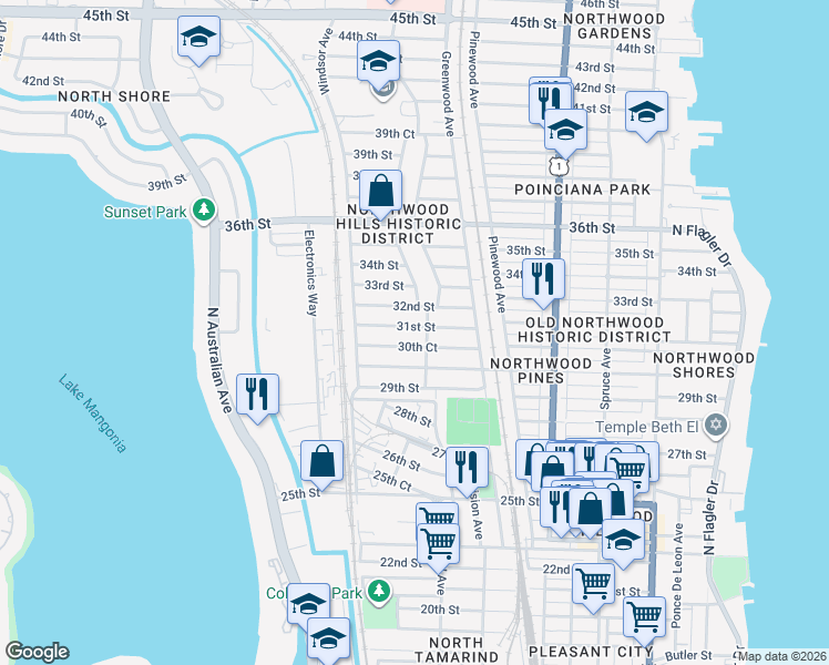map of restaurants, bars, coffee shops, grocery stores, and more near 919 30th Court in West Palm Beach