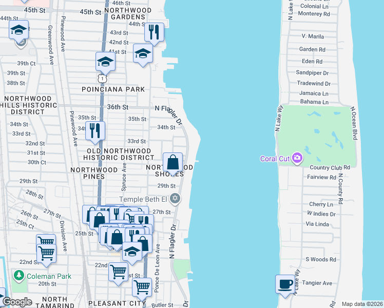 map of restaurants, bars, coffee shops, grocery stores, and more near 3216 North Flagler Drive in West Palm Beach