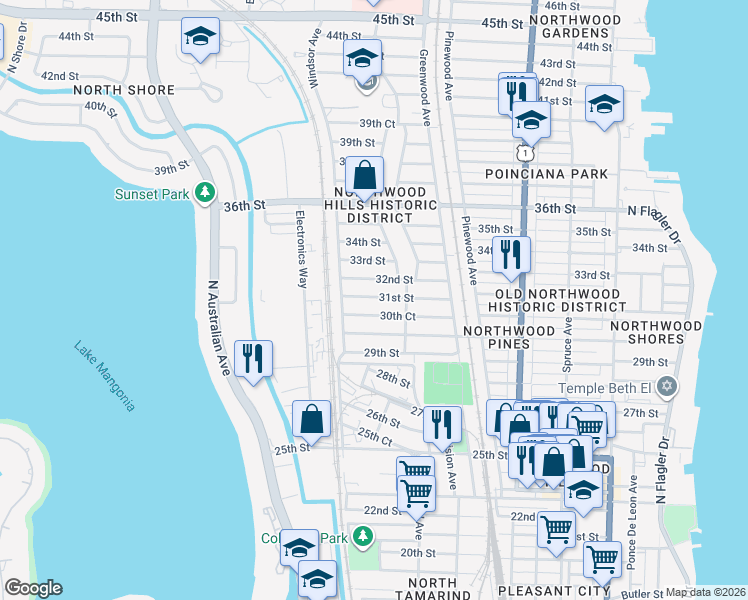 map of restaurants, bars, coffee shops, grocery stores, and more near 919 30th Court in West Palm Beach