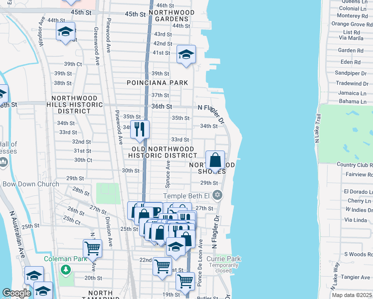 map of restaurants, bars, coffee shops, grocery stores, and more near 421 31st Street in West Palm Beach