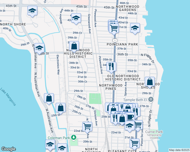 map of restaurants, bars, coffee shops, grocery stores, and more near 3210 Greenwood Avenue in West Palm Beach