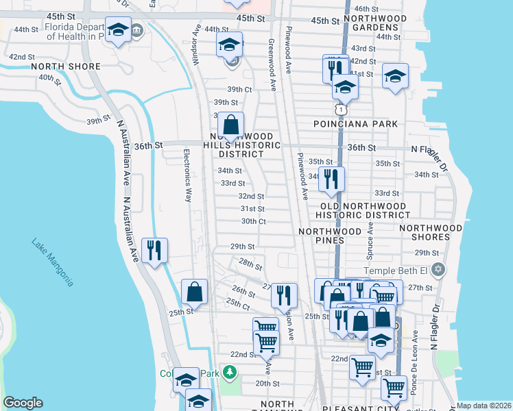 map of restaurants, bars, coffee shops, grocery stores, and more near 919 30th Court in West Palm Beach