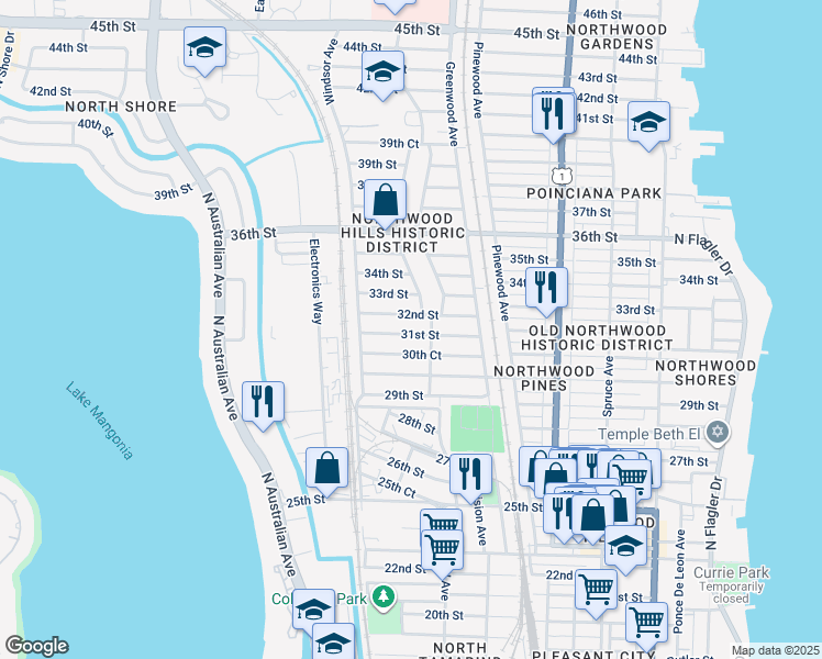 map of restaurants, bars, coffee shops, grocery stores, and more near 919 30th Court in West Palm Beach
