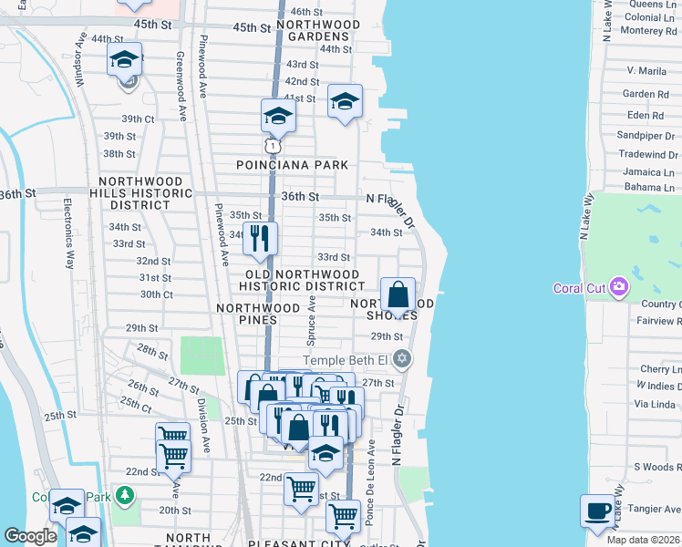map of restaurants, bars, coffee shops, grocery stores, and more near 421 31st Street in West Palm Beach