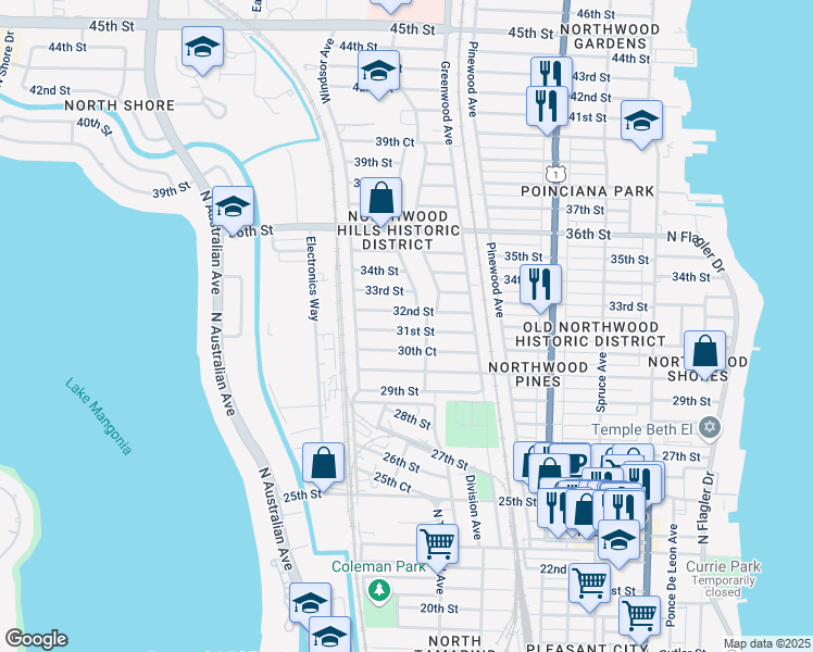 map of restaurants, bars, coffee shops, grocery stores, and more near 919 30th Court in West Palm Beach
