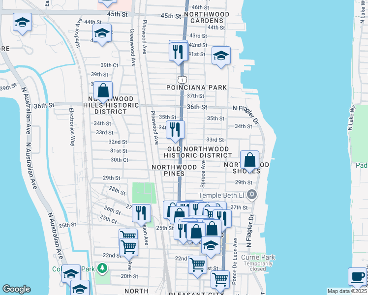 map of restaurants, bars, coffee shops, grocery stores, and more near 3300 Broadway in West Palm Beach