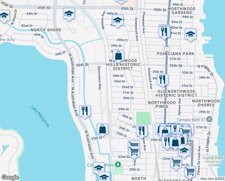 map of restaurants, bars, coffee shops, grocery stores, and more near 955 30th Court in West Palm Beach