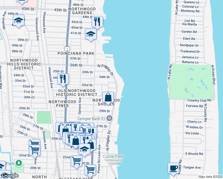 map of restaurants, bars, coffee shops, grocery stores, and more near 224 32nd Street in West Palm Beach