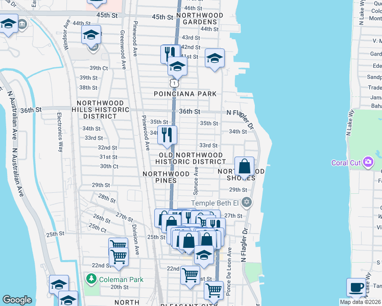 map of restaurants, bars, coffee shops, grocery stores, and more near in West Palm Beach