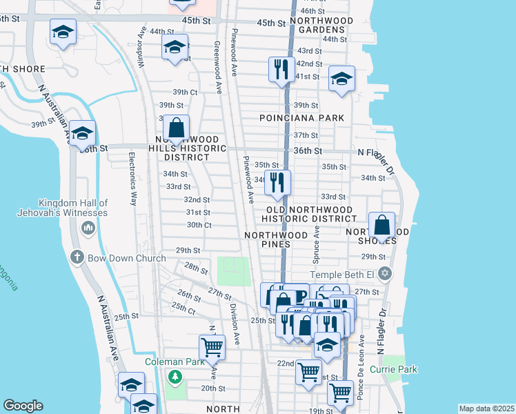 map of restaurants, bars, coffee shops, grocery stores, and more near 631 31st Street in West Palm Beach