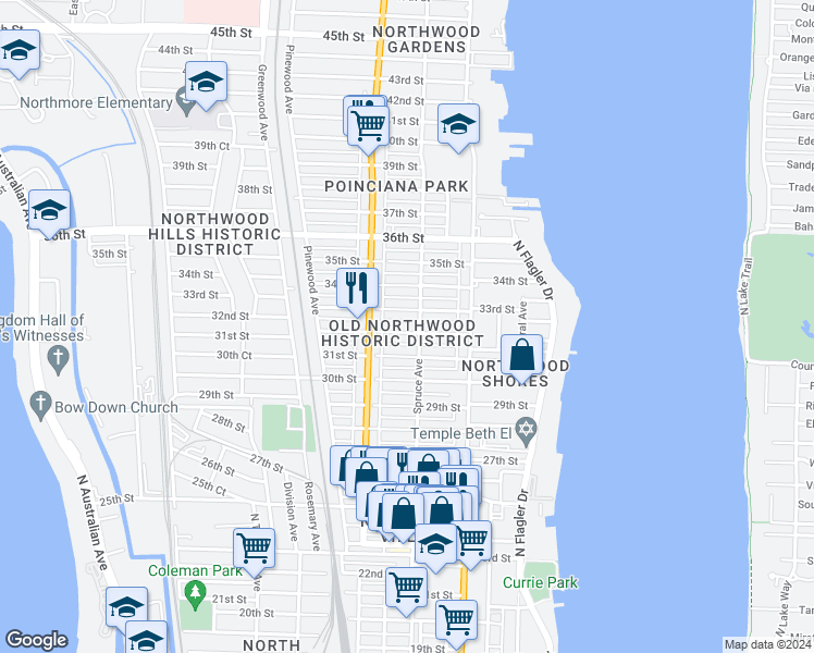 map of restaurants, bars, coffee shops, grocery stores, and more near 511 32nd Street in West Palm Beach