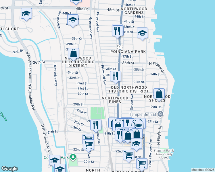 map of restaurants, bars, coffee shops, grocery stores, and more near 631 31st Street in West Palm Beach