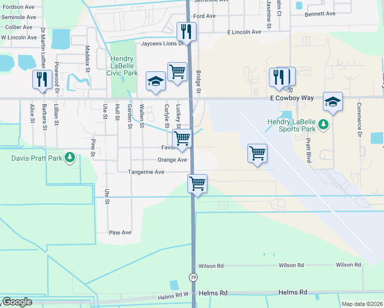 map of restaurants, bars, coffee shops, grocery stores, and more near 1221 Luckey Street in LaBelle