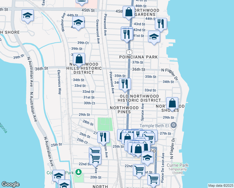 map of restaurants, bars, coffee shops, grocery stores, and more near 631 33rd Street in West Palm Beach