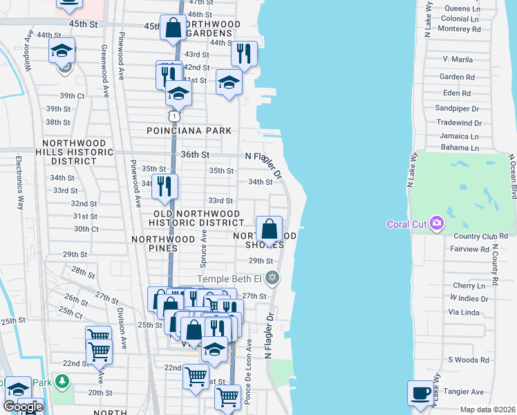 map of restaurants, bars, coffee shops, grocery stores, and more near 315 33rd Street in West Palm Beach