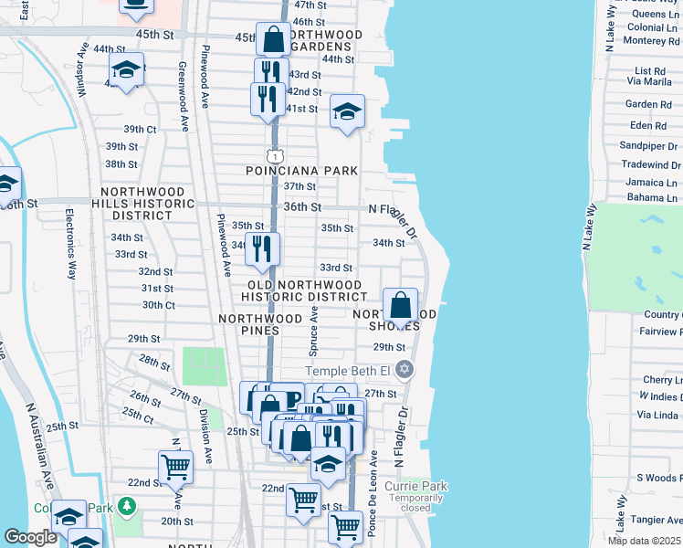 map of restaurants, bars, coffee shops, grocery stores, and more near 419 33rd Street in West Palm Beach