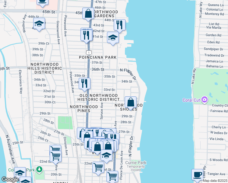 map of restaurants, bars, coffee shops, grocery stores, and more near 419 33rd Street in West Palm Beach