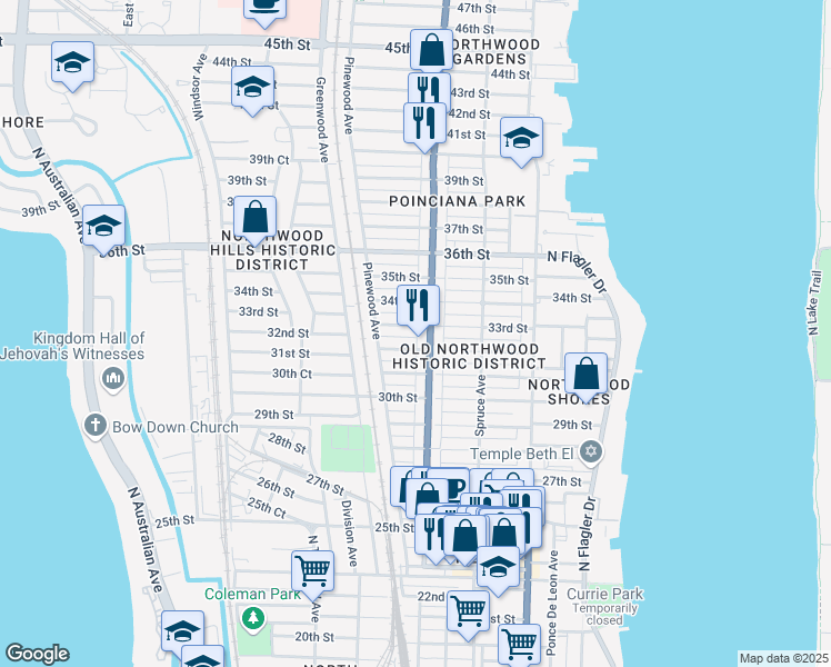 map of restaurants, bars, coffee shops, grocery stores, and more near 3404 Broadway Avenue in West Palm Beach