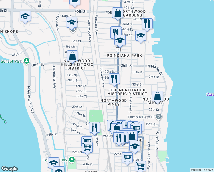 map of restaurants, bars, coffee shops, grocery stores, and more near 631 33rd Street in West Palm Beach