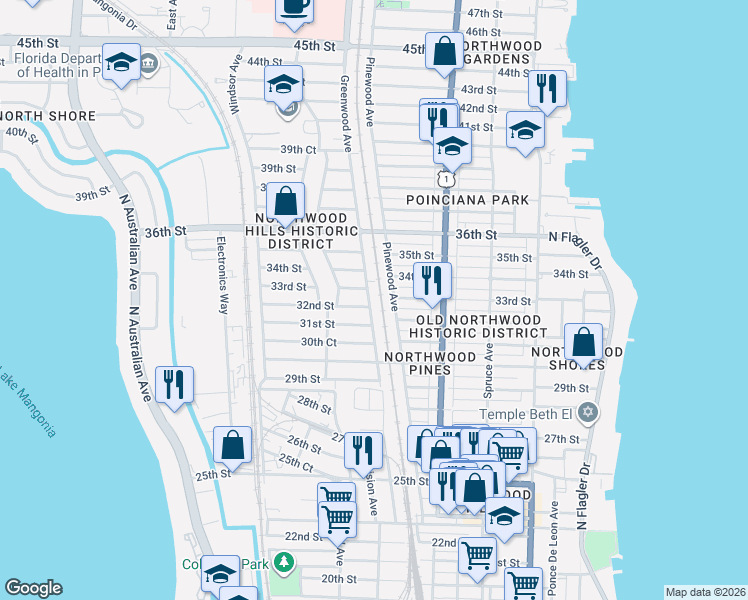 map of restaurants, bars, coffee shops, grocery stores, and more near 3306 Greenwood Avenue in West Palm Beach
