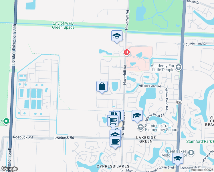 map of restaurants, bars, coffee shops, grocery stores, and more near 5120 Foxhall Place in West Palm Beach